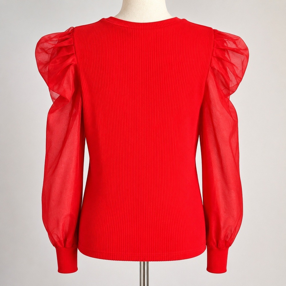 Anthropologie NEW Dolan Organza Red Puff Sleeve Top Blouse SZ XL Dark Coquette - Picture 4 of 13